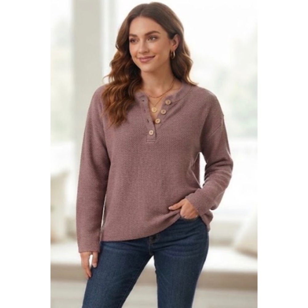 LILLUSORY Womens Mauve Henley Waffle Knit Sweater LS055 Size M